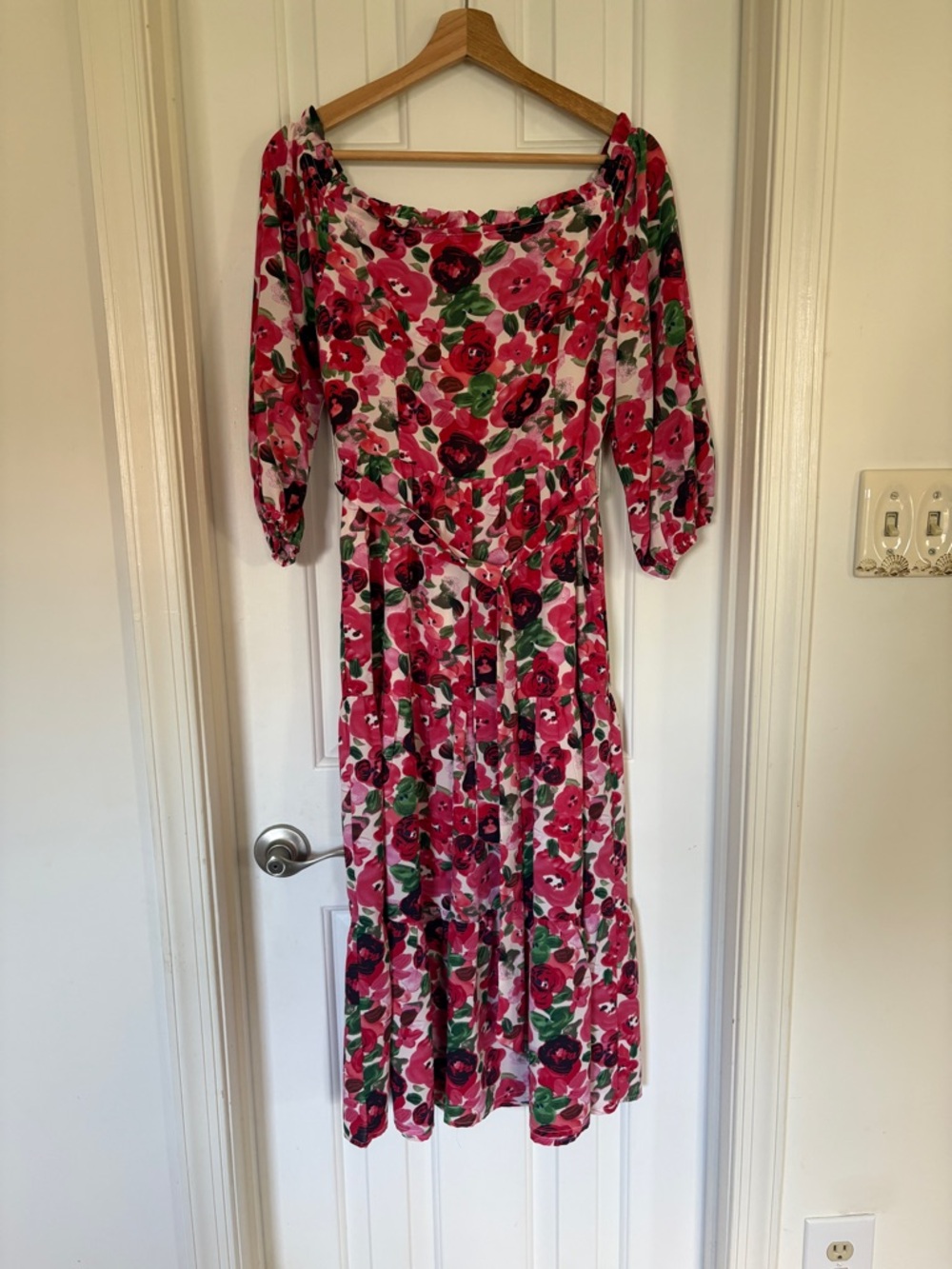 Pink Lily Pink & Green Floral Off-Shoulder Midi Dress